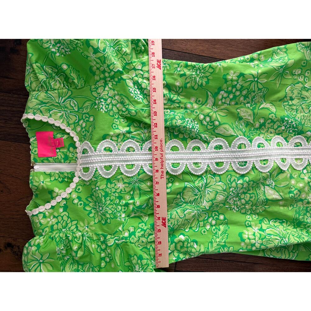 Lilly Pulitzer Green Floral Shift Dress Sz 14 Puff Sleeve Lace Trim Preppy - Picture 3 of 6